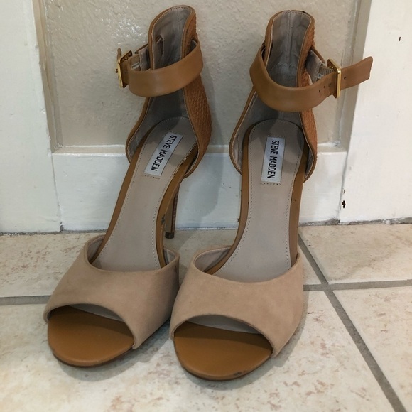 Steve Madden Tan Stepout Peep Toe Heels Size 8.5 - Picture 1 of 11